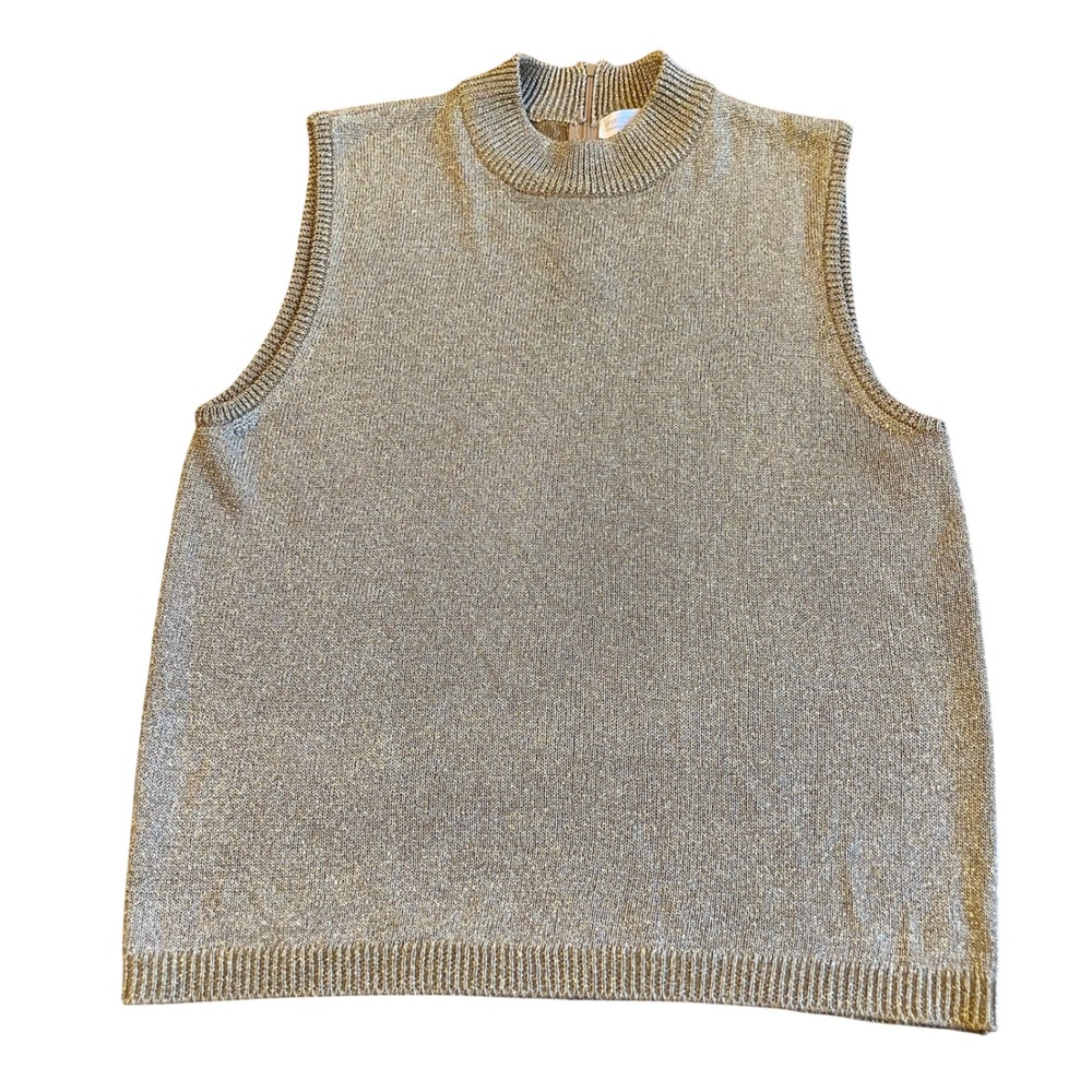 Preston & York Sweater Tank Womens M Gold Metallic Mock Neck Knit Shell Top